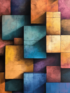 Intricate Tapestry of Overlapping Geometric Blocks with Vibrant Contrasting Colors and Playful Interplay of Shadows 3D Art Abstract 18 x 24 Inch MineeForm Wall Art Poster