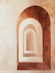 Intricate Layers of Earthy Tones Forming a Series of Geometric Archways Creating a Sense of Depth and Perspective 3D Art Abstract 18 x 24 Inch MineeForm Wall Art Poster