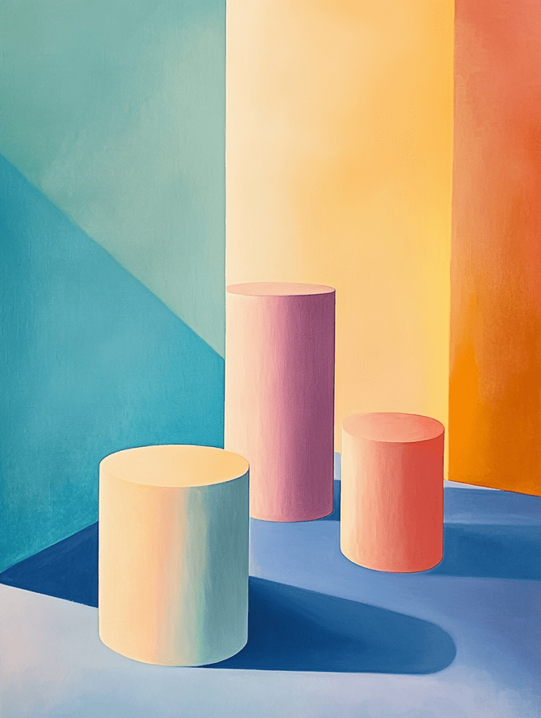 Colorful Cylinders in a Sunlit Geometric Room with Soft Gradients and Bold Shadows 3D Art Abstract 18 x 24 Inch MineeForm Wall Art Poster