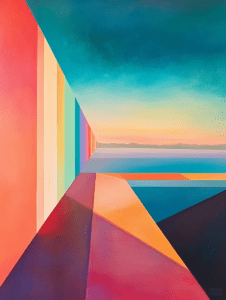 Vibrant Horizon with Multicolored Vertical Facade and Geometric Sunset Over Tranquil Water Under Expansive Sky 3D Art Abstract 18 x 24 Inch MineeForm Wall Art Poster