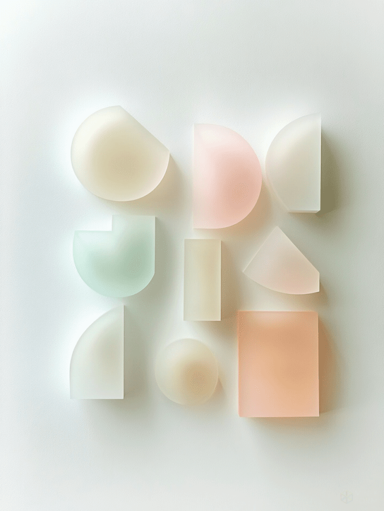 Harmonious Arrangement of Soft Pastel Hues in Translucent Geometric Forms on a Serene White Background 3D Art Abstract 18 x 24 Inch MineeForm Wall Art Poster