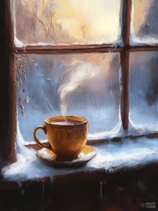 Steaming Teacup by the Frosted Window in a Winter Sunrise Scene Christmas Digital Painting 18 X 24 Inch