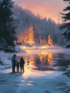 A Family Stroll on Frozen Lake at Twilight with Glowing Winter Trees Reflecting in Ice Christmas Digital Painting 18 X 24 Inch