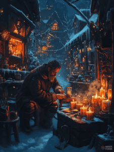 Candlelit Winter Market in a Snow-Covered Village with a Craftsman Focused on His Wares Amidst a Cozy Glow Christmas Digital Painting 18 X 24 Inch