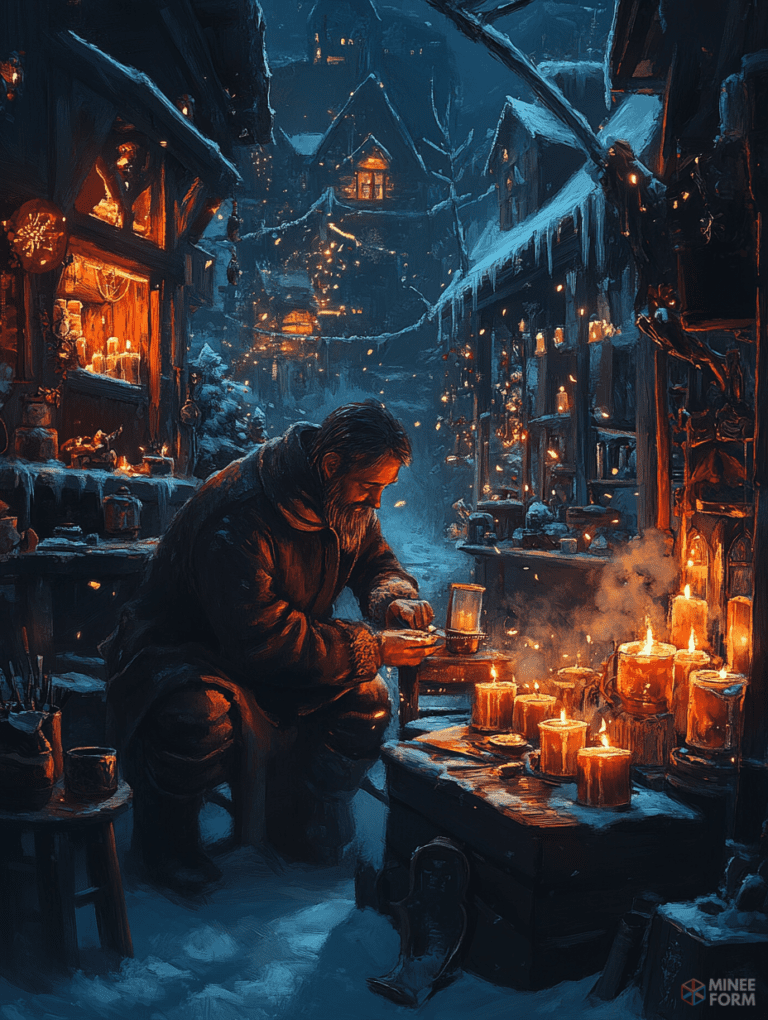 Candlelit Winter Market in a Snow-Covered Village with a Craftsman Focused on His Wares Amidst a Cozy Glow Christmas Digital Painting 18 X 24 Inch