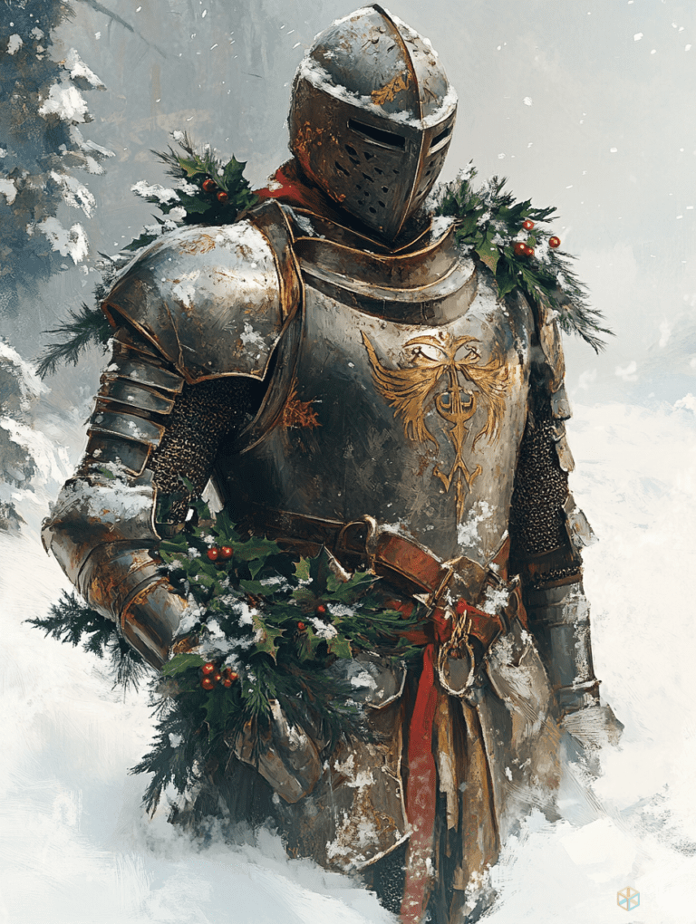 Gallant Knight Adorned with Winter's Touch Standing Amidst Snowy Enchantment Christmas Digital Painting 18 X 24 Inch