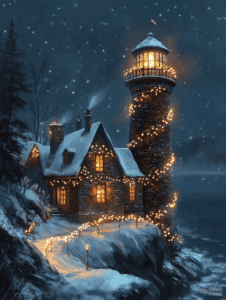 Charming Snow-Covered Lighthouse Illuminated with Twinkling Lights on a Tranquil Winter Night by the Sea Christmas Digital Painting 18 X 24 Inch