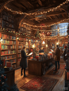 Cozy Bookstore Adorned with Twinkling Lights and Festive Decorations Sheltering Readers Engrossed in Stories Amidst Warm Wooden Shelves and Rugs Christmas Digital Painting 18 X 24 Inch