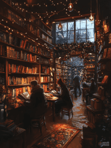 Cozy Bookstore Sanctuary with Gleaming Fairy Lights and Immersed Readers on a Wintry Evening Christmas Digital Painting 18 X 24 Inch