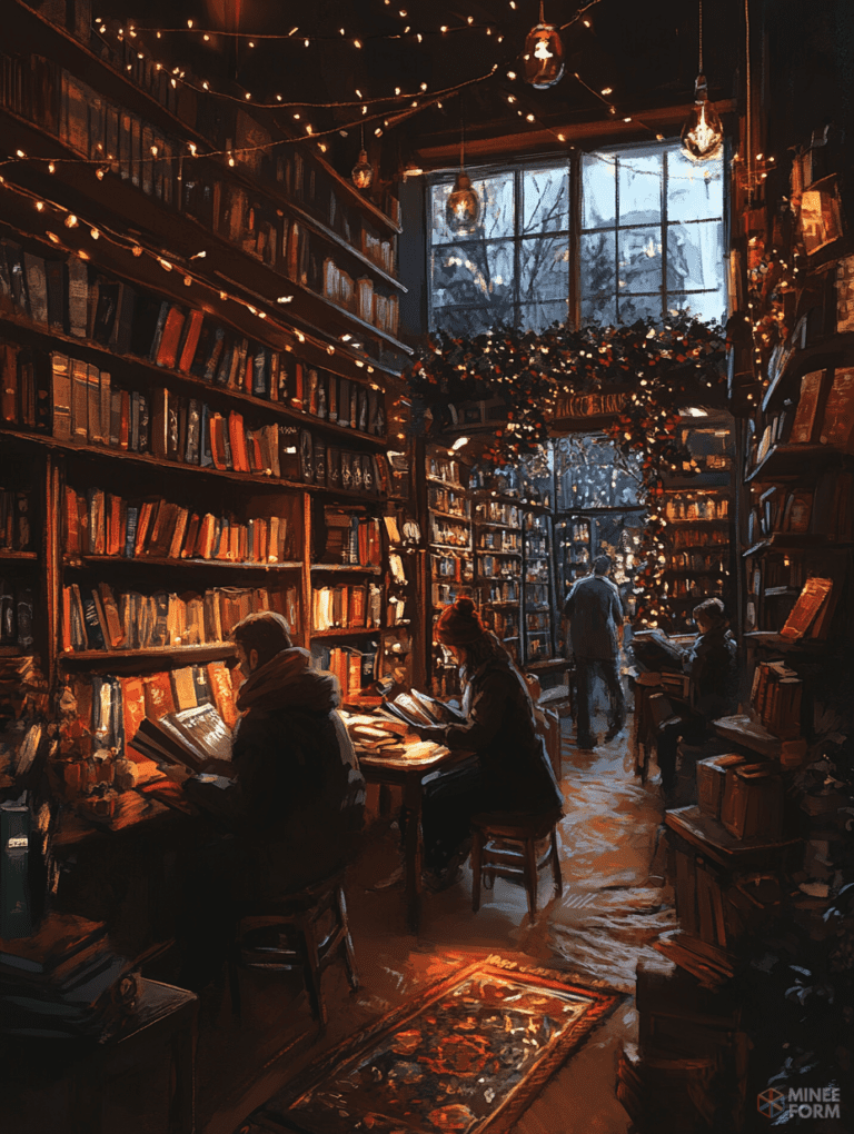 Cozy Bookstore Sanctuary with Gleaming Fairy Lights and Immersed Readers on a Wintry Evening Christmas Digital Painting 18 X 24 Inch