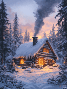 Cozy Log Cabin Amidst a Snowy Forest at Sunset with Warm Glowing Windows and Smoke Curling from the Stone Chimney Christmas Digital Painting 18 X 24 Inch