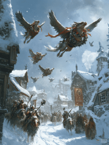 Majestic Winter Procession of Winged Creatures Soaring Above Snow Laden Medieval Village as Soldiers and Townsfolk Gather in Festive Celebration Christmas Digital Painting 18 X 24 Inch