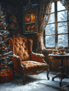 Cozy Winter Retreat Beside a Frosted Window with Festive Decor and Velvet Armchair Amidst Gentle Snowfall Christmas Digital Painting 18 X 24 Inch