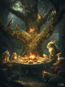 Enchanted Woodland Feast with Magical Animals Under Glowing Tree Canopy Christmas Digital Painting 18 X 24 Inch