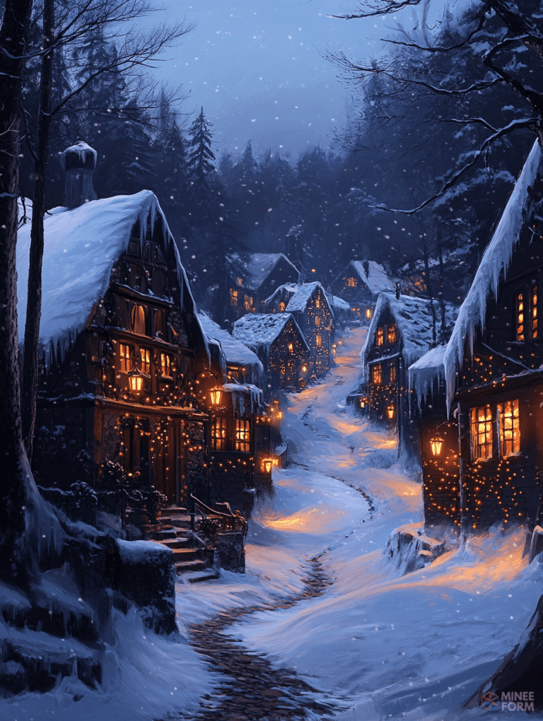 Snow-Covered Village Path Illuminated by Warm Glow of Lanterns on a Tranquil Winter Evening Christmas Digital Painting 18 X 24 Inch