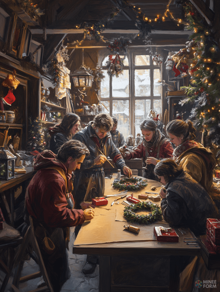 Cozy Workshop Gathering Crafting Holiday Wreaths with Friends and Warm Lights in a Festive Rustic Room Christmas Digital Painting 18 X 24 Inch