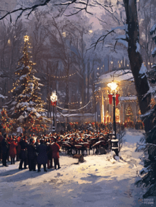 Winter Night Celebration with Festive Choir and Illuminated Christmas Tree in Snowy Forest Setting Christmas Digital Painting 18 X 24 Inch