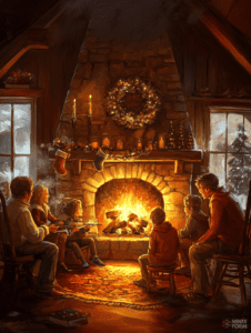 Cozy Family Gathering by a Crackling Hearth in a Rustic Cabin Adorned with Holiday Decorations and Flickering Candlelight Christmas Digital Painting 18 X 24 Inch