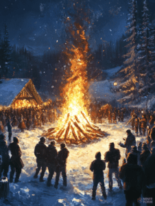 Festive Winter Bonfire Gathering in Snowy Mountain Village Under a Starry Night Sky Christmas Digital Painting 18 X 24 Inch