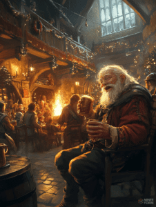 Jolly Bearded Man Enjoying a Drink in a Festive Medieval Tavern with Warm Hearth and Rustic Decorations Christmas Digital Painting 18 X 24 Inch