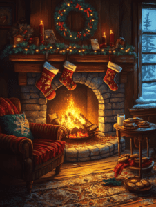 Cozy Winter Hearthside by the Crackling Fire with Festive Stockings and Christmas Wreath Adorning the Mantel While Outside the Snow Gently Falls Christmas Digital Painting 18 X 24 Inch