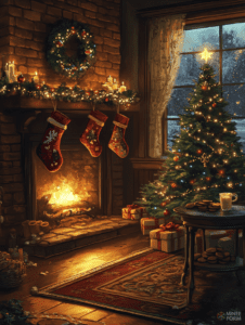 Cozy Christmas Eve in a Warm Living Room with Glowing Fireplace Twinkling Tree and Snowy Winter Night Beyond the Window Christmas Digital Painting 18 X 24 Inch