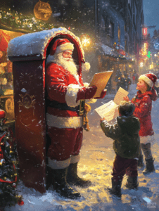 Santa Claus Joyfully Reads Letters from Children in a Snowy Christmas Marketplace Illuminated by Warm Festive Lights and Decorated Holiday Displays Christmas Digital Painting 18 X 24 Inch