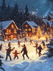 Children Joyfully Playing in a Snowy Village Under a Starry Winter Sky with Warmly Lit Cozy Cabins and a Glowing Festive Tree Christmas Digital Painting 18 X 24 Inch