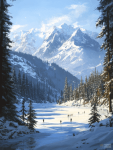 Winter Wonderland Skaters on a Sunlit Frozen Lake Among Snow-Capped Majestic Mountain Peaks and Towering Pine Trees Christmas Digital Painting 18 X 24 Inch