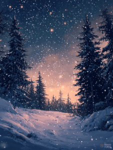 Majestic Snowy Forest Under a Starry Winter Night Sky with Glowing Twilight Hues and Soft Falling Snowflakes Christmas Digital Painting 18 X 24 Inch