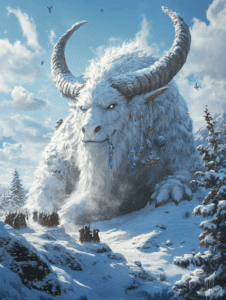 Majestic Snow Beast Overlooking a Mountain Pass as Warriors Stand in Awe Underneath a Flawless Blue Winter Sky Christmas Digital Painting 18 X 24 Inch