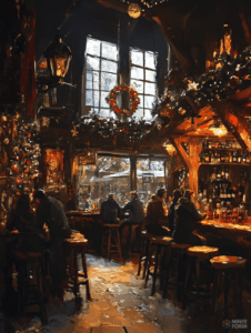 Cozy Rustic Tavern at Christmas with Warm Wooden Interiors and Festive Decorations Illuminated by Soft Light with Patrons Enjoying Drinks by a Large Starlit Window Overlooking a Snowy Street Christmas Digital Painting 18 X 24 Inch