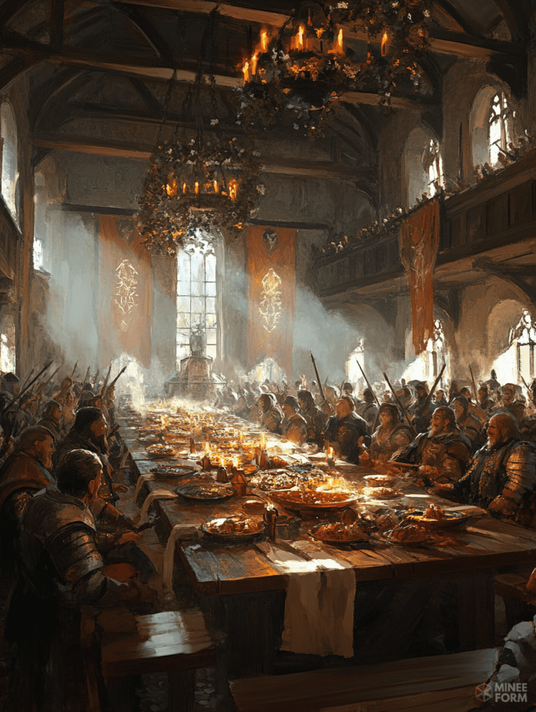 Medieval Banquet Hall Bustling with Feasting Knights Under Glowing Candlelit Chandeliers and Grand Draped Banners Christmas Digital Painting 18 X 24 Inch