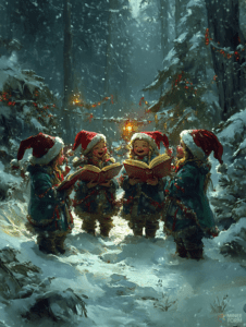 Joyful Carolers Singing in a Snowy Enchanted Forest with Glowing Lanterns and Evergreen Trees Decorated in Winter Splendor Christmas Digital Painting 18 X 24 Inch