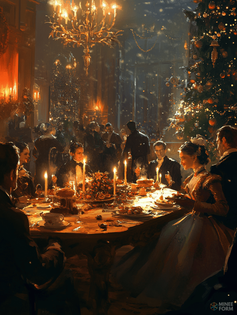 Victorian Elegance Aglow with Candlelight at a Festive Christmas Banquet with Elegantly Dressed Guests Under a Majestic Crystal Chandelier by a Grand Decorated Tree Christmas Digital Painting 18 X 24 Inch