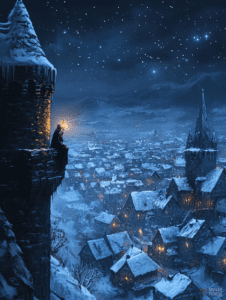 Mysterious Figure with Lantern Watching Over Snowy Medieval Village Under Starry Night Sky Christmas Digital Painting 18 X 24 Inch