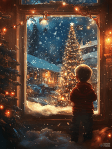 Child Gazing at Illuminated Christmas Tree Through Frosted Window in Snowy Winter Wonderland with Twinkling Lights and Falling Snowflakes Christmas Digital Painting 18 X 24 Inch