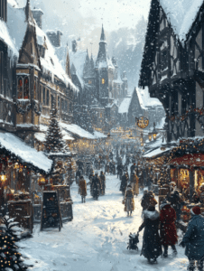 Bustling Winter Market in a Snow-Laden Medieval Town with Festive Lights and Lively Crowds Christmas Digital Painting 18 X 24 Inch