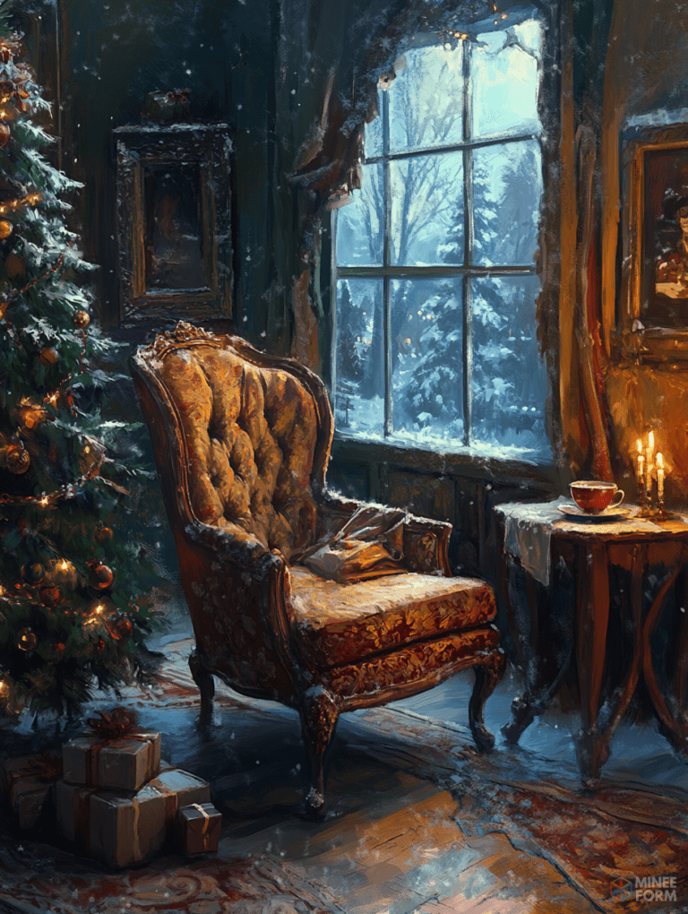 Cozy Vintage Room with Ornate Armchair by a Frosted Window and Decorated Christmas Tree with Candlelit Glow and Snowfall Outside Christmas Digital Painting 18 X 24 Inch