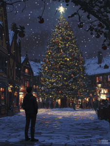 Majestic Christmas Tree Illuminates Snowy Village Square with Shimmering Lights and Cheerful Gatherers Under Starry Night Sky Christmas Digital Painting 18 X 24 Inch