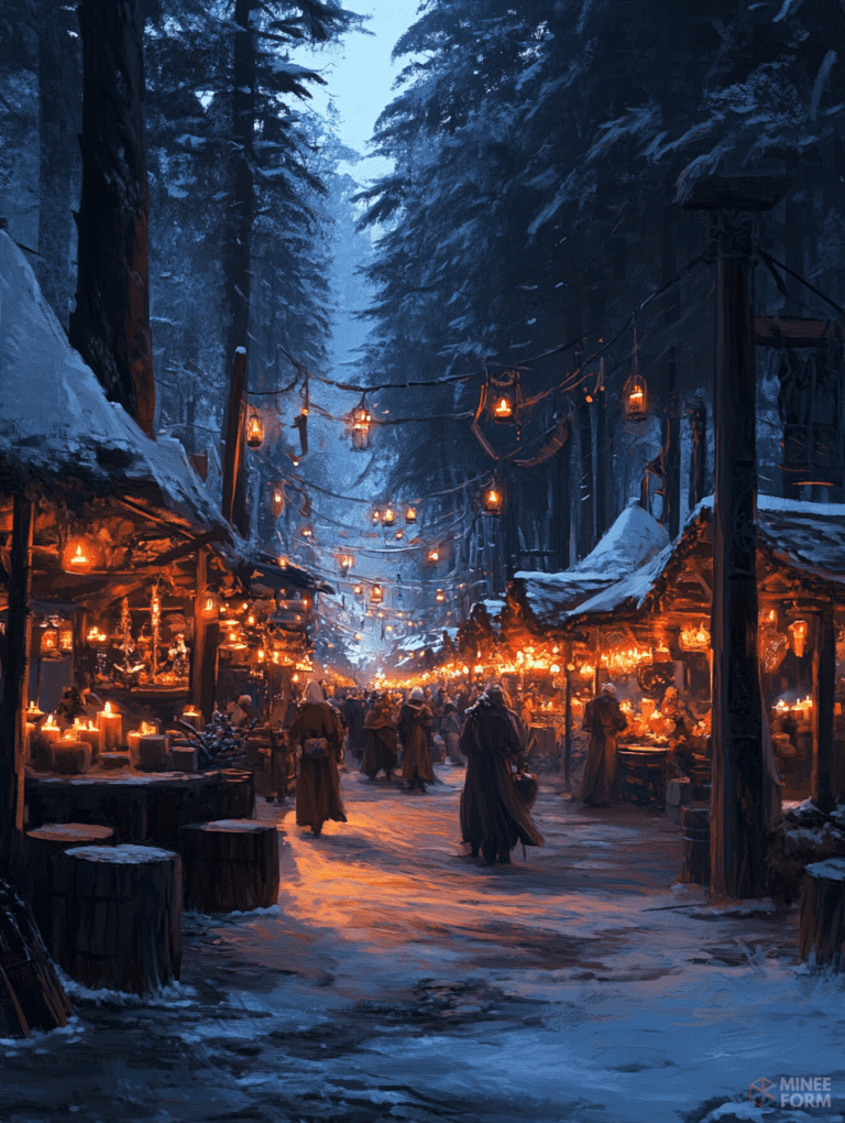 Enchanted Winter Market Amidst Snowy Woodland With Warm Golden Lanterns Illuminating Shoppers and Stalls Christmas Digital Painting 18 X 24 Inch