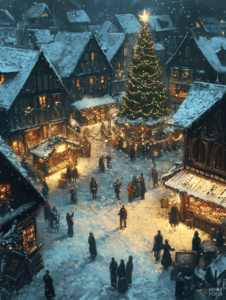 Snow-Covered Village Celebrates Under a Towering Christmas Tree Surrounded by Warmly Lit Wooden Houses and Joyful Townspeople Christmas Digital Painting 18 X 24 Inch