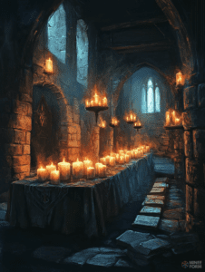 Ancient Candlelit Hall with Stone Arched Ceilings and Flickering Flames Illuminating Wooden Tables and Stacks of Timeworn Books Christmas Digital Painting 18 X 24 Inch