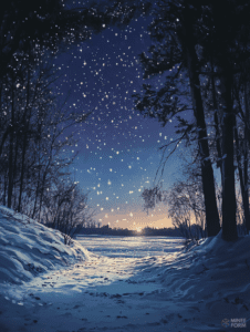 Serene Winter Night with Glittering Stars Over a Snowy Forest Path Leading to a Frozen Lake at Dusk Christmas Digital Painting 18 X 24 Inch