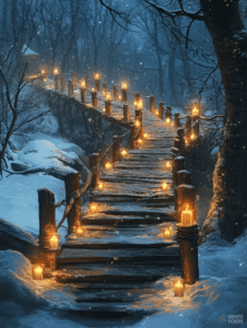 Glowing Candlelit Pathway on a Snowy Wooden Bridge Through an Enchanted Winter Forest Christmas Digital Painting 18 X 24 Inch