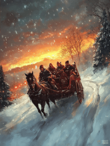 Horse-Drawn Sleigh Journey Through a Snowy Forest at Twilight with a Fiery Sunset Sky and Falling Snowflakes Christmas Digital Painting 18 X 24 Inch