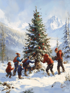 Family Decorating a Snow-Covered Evergreen in a Picturesque Mountain Winter Wonderland Christmas Digital Painting 18 X 24 Inch