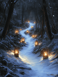 Lanterns Illuminate a Snowy Forest Path Winding Through an Enchanted Winter Woodland at Night Christmas Digital Painting 18 X 24 Inch