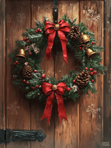 Festive Evergreen Christmas Wreath with Red Ribbons Bells and Pinecones on Rustic Wooden Door Adorned with Delicate Snowflakes Christmas Digital Painting 18 X 24 Inch