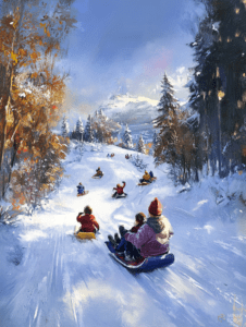 Joyful Winter Sledding Adventure on a Snowy Forest Hillside with Families and Children Surrounded by Autumnal Foliage under a Clear Blue Sky Christmas Digital Painting 18 X 24 Inch